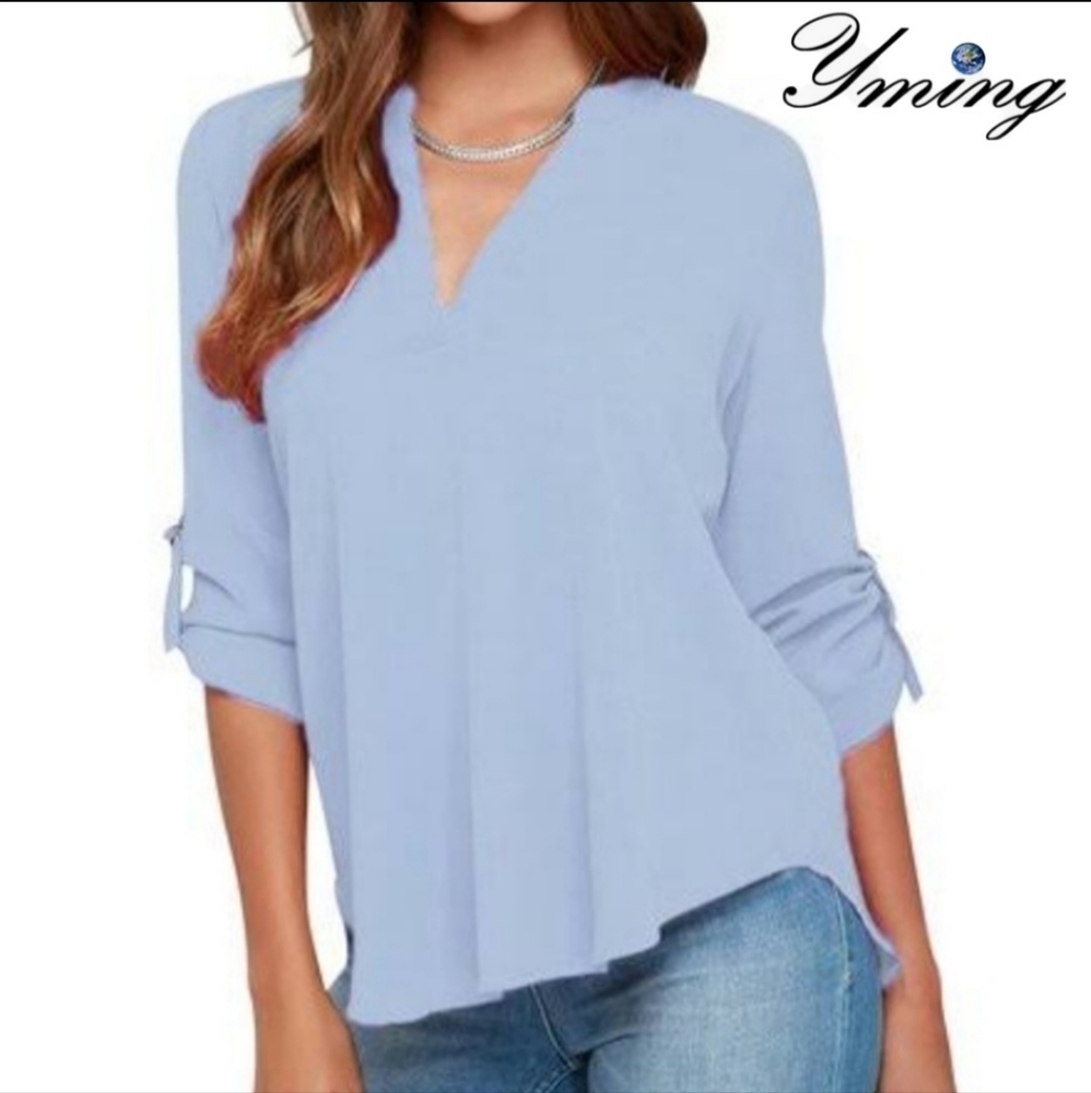 NWT Ywing Chiffon Blouse Long Sleeve/¾ SleeveV Neck Size XS Lt Blue  NEW NWT